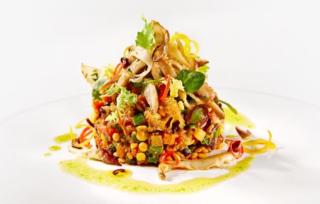 Die Vorspeise Bunter Linsen-Brotsalat mit confierter Tomate, frischen Kräutern und marinierten Austernpilzen im PALAZZO Berlin.